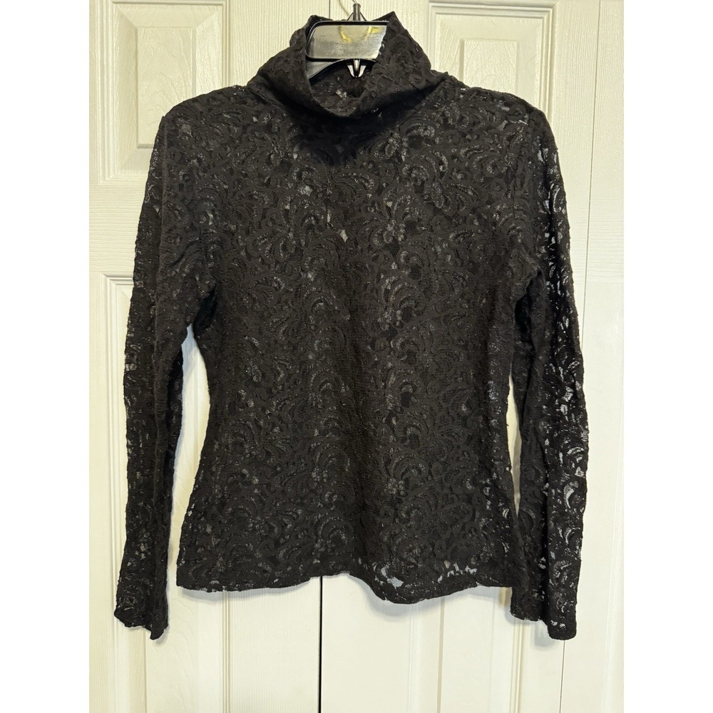 Nicole Miller Womens Mesh Black Lace Sheer Turtleneck Whimsigoth Blouse M